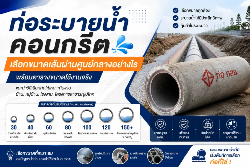 ท่อระบายน้ำคอนกรีต เลือกขนาดเส้นผ่านศูนย์กลางอย่างไร